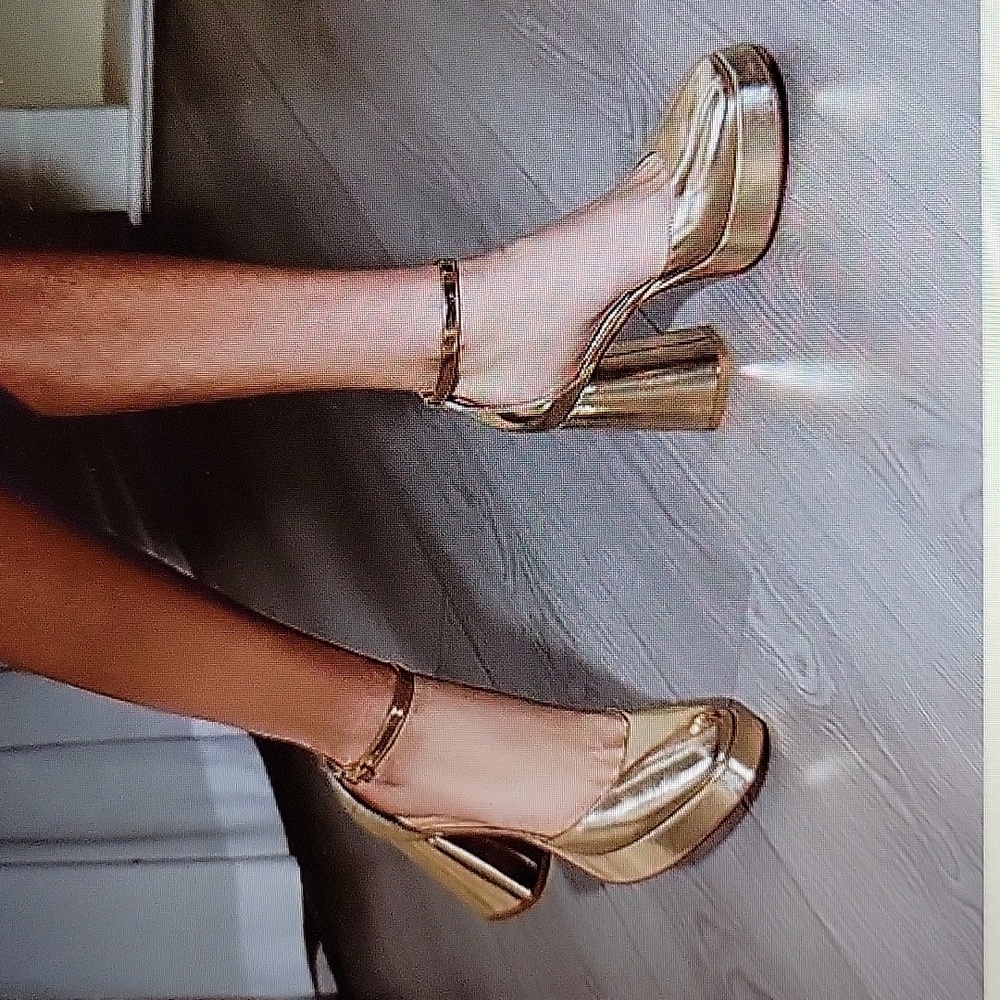 Metallic Gold Platform Ankle-Strap Block Heels